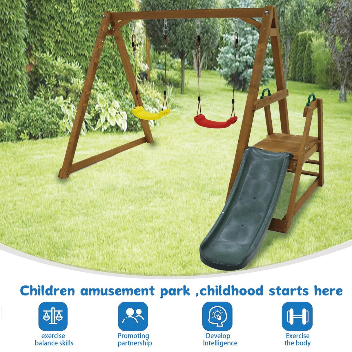 POPUQUEEN Kids Swing Set Outdoor and Slide - Sturdy Solid Wood Swing Frame with Climbing Ladder - Natural POPUQUEEN