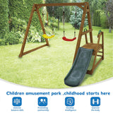 POPUQUEEN Kids Swing Set Outdoor and Slide - Sturdy Solid Wood Swing Frame with Climbing Ladder - Natural POPUQUEEN