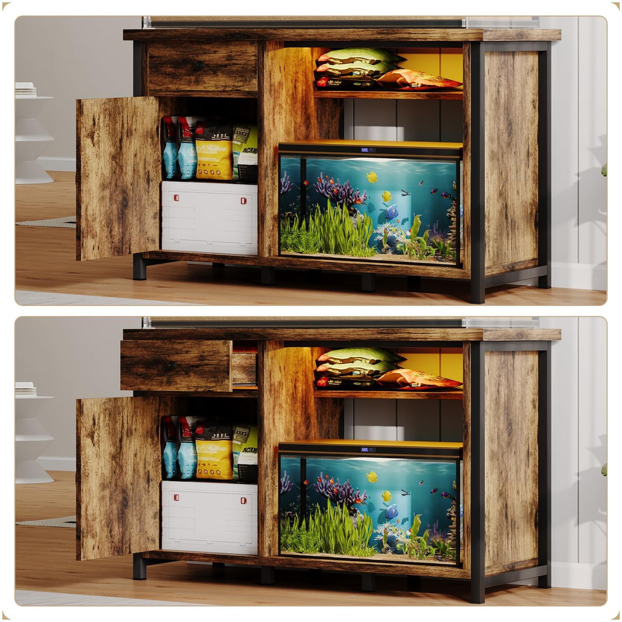 4ever2buy 55-75 Gallon Fish Tank Stand with Power Outlets, LED Light, Heavy Duty Aquarium Stand with Cabinet for Fish Tank Accessories Storage, for Turtle Tank, Reptile Terrarium, 1100LBS, Black 4ever2buy
