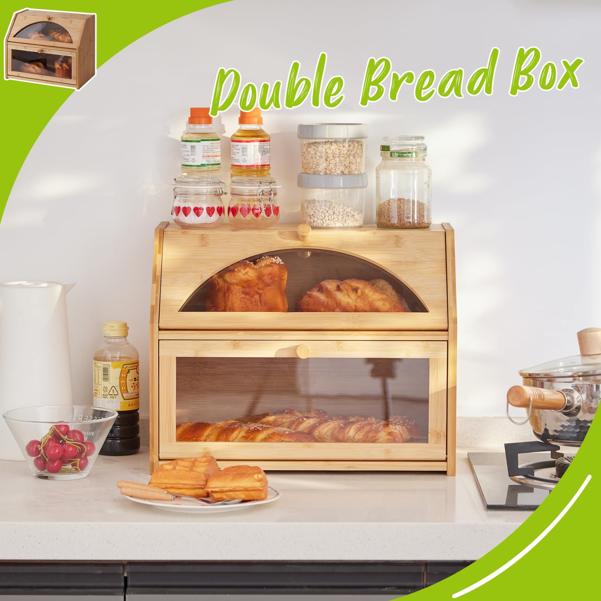 Bamboo Bread Box for Kitchen Bread Storage And Organizer Farmhouse Countertop Bread box Double Layer Bamboo Wooden Extra Large Capacity(Natural) - WoodArtSupply