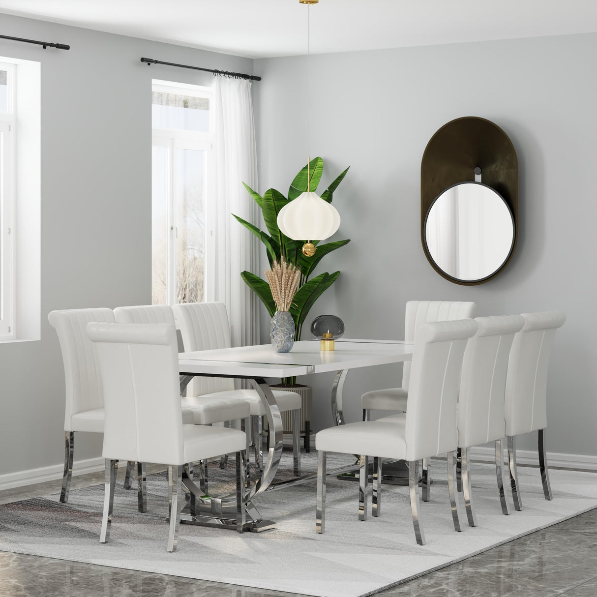 Asday 9 Piece Dining Table Set, Luxury White and Silver Dining Room Table Set with 80 inch Rectangular Dining Table and 8 White Leather Dining Chairs Asday