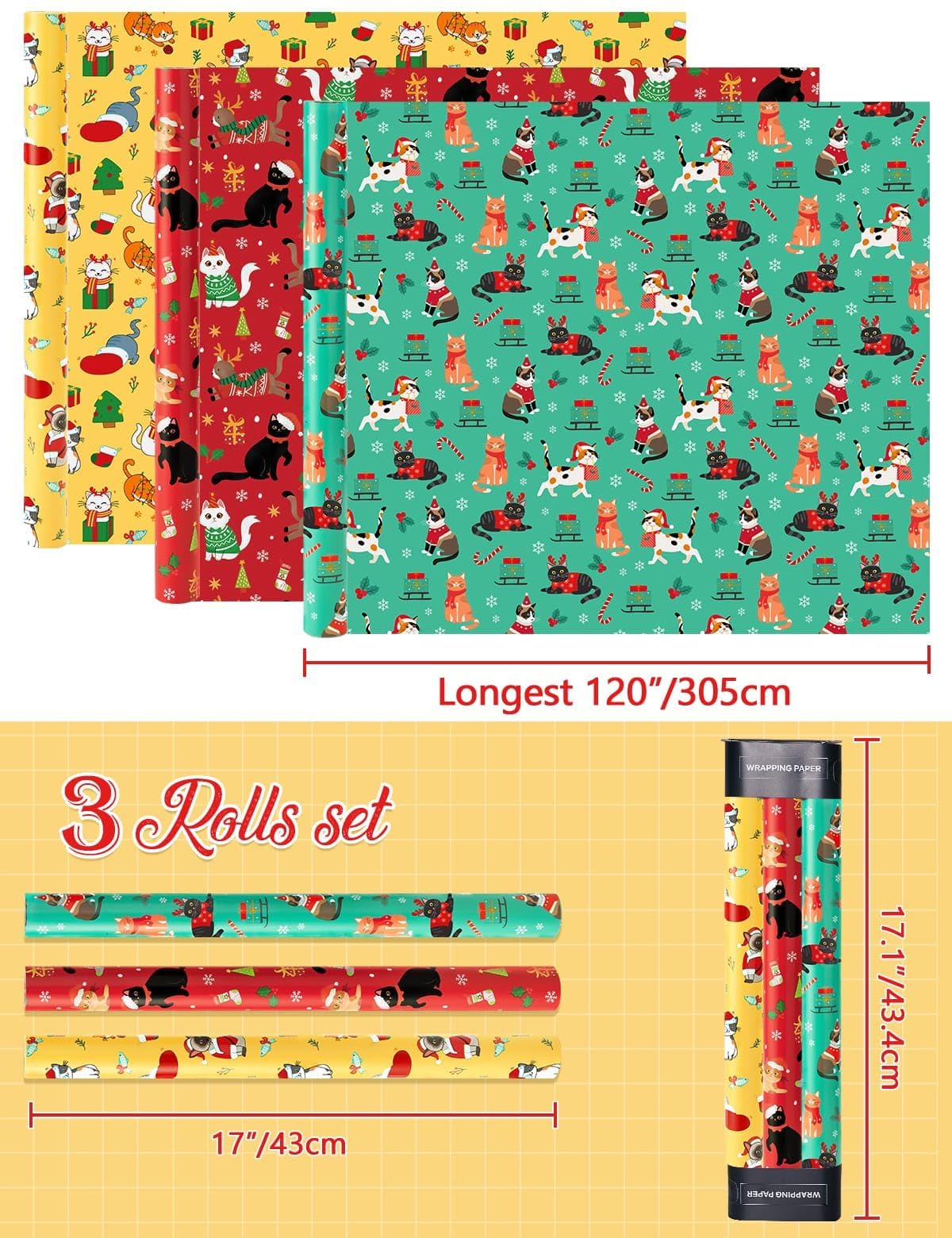 WERNNSAI Cat Christmas Wrapping Paper Rolls - 3 Rolls 17” x 120” Kids Cat Christmas Wrapping Paper Medium Roll Set Funny Kitten Christmas Wrapping paper Xmas Rolls Party Gift Decoration, for Girls/Boys WERNNSAI