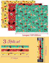 WERNNSAI Cat Christmas Wrapping Paper Rolls - 3 Rolls 17” x 120” Kids Cat Christmas Wrapping Paper Medium Roll Set Funny Kitten Christmas Wrapping paper Xmas Rolls Party Gift Decoration, for Girls/Boys WERNNSAI