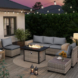 Muphyers 7-Piece Outdoor Patio Furniture Set with 55,000 BTU Fire Pit Table, PE Wicker Rattan Sectional Sofa Patio Conversation Set with Thickened Cushions & Coffee Table, Grey Muphyers
