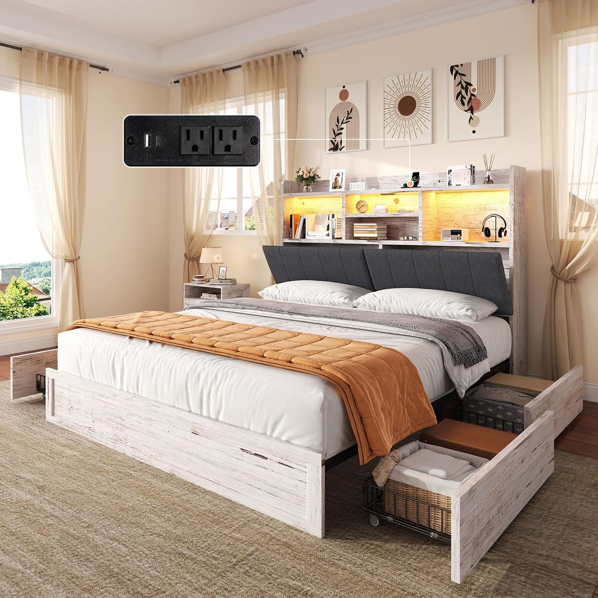 AMERLIFE King Size Bed Frame with 51.2" Tall Bookcase Headboard, Farmhouse Platform Bed with 4 Storage Drawers, Linen Upholstered, Charging Station & Storage, Rustic White AMERLIFE