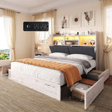 AMERLIFE King Size Bed Frame with 51.2" Tall Bookcase Headboard, Farmhouse Platform Bed with 4 Storage Drawers, Linen Upholstered, Charging Station & Storage, Rustic White AMERLIFE