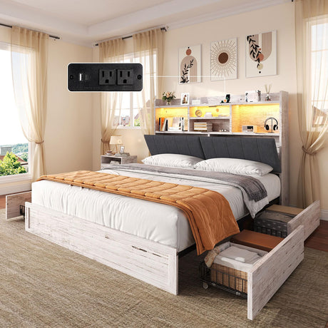 AMERLIFE King Size Bed Frame with 51.2" Tall Bookcase Headboard, Farmhouse Platform Bed with 4 Storage Drawers, Linen Upholstered, Charging Station & Storage, Rustic White AMERLIFE
