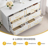 DWVO Farmhouse Wooden Dresser TV Stand with Power Outlet, 6-Drawer Dresser with Large Storage Drawers and Bar Handles, Ideal for Living Room, Hallway, 47.2" L x 15.7" W x 33.4" H - White & Walnut DWVO