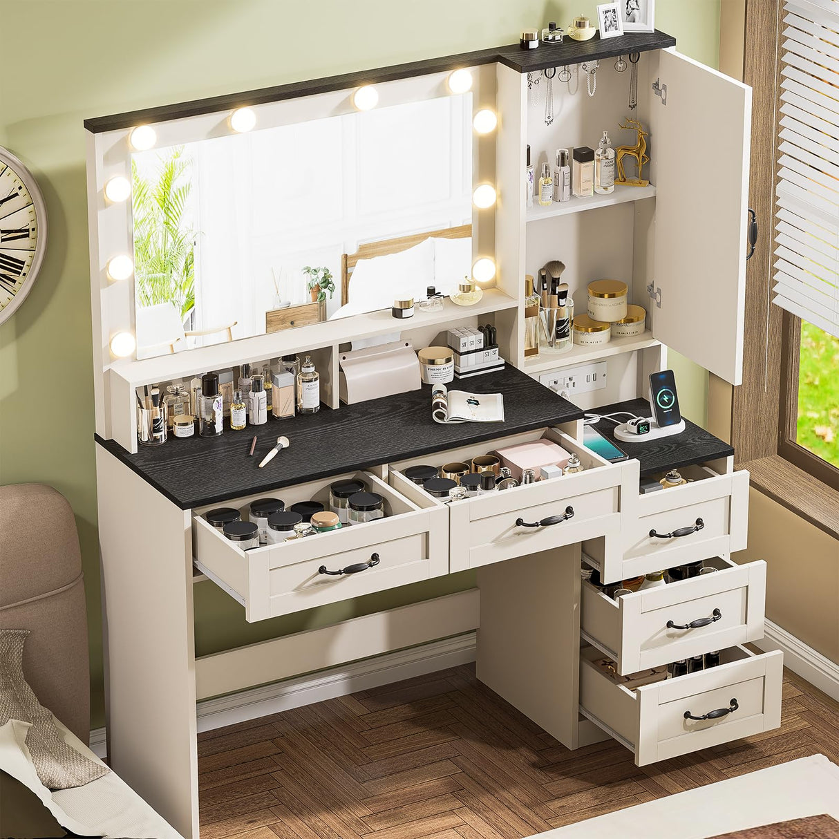 Farmhouse Vanity Desk with Mirror and 10 Led Lights, 45.3 " Large Makeup Vanity Table with Power Outlet, 5 Drawers and 1 cabinet, Vanity Set Dressing Table with 9 Hooks for Women Girls (White+Black) DINGIPP