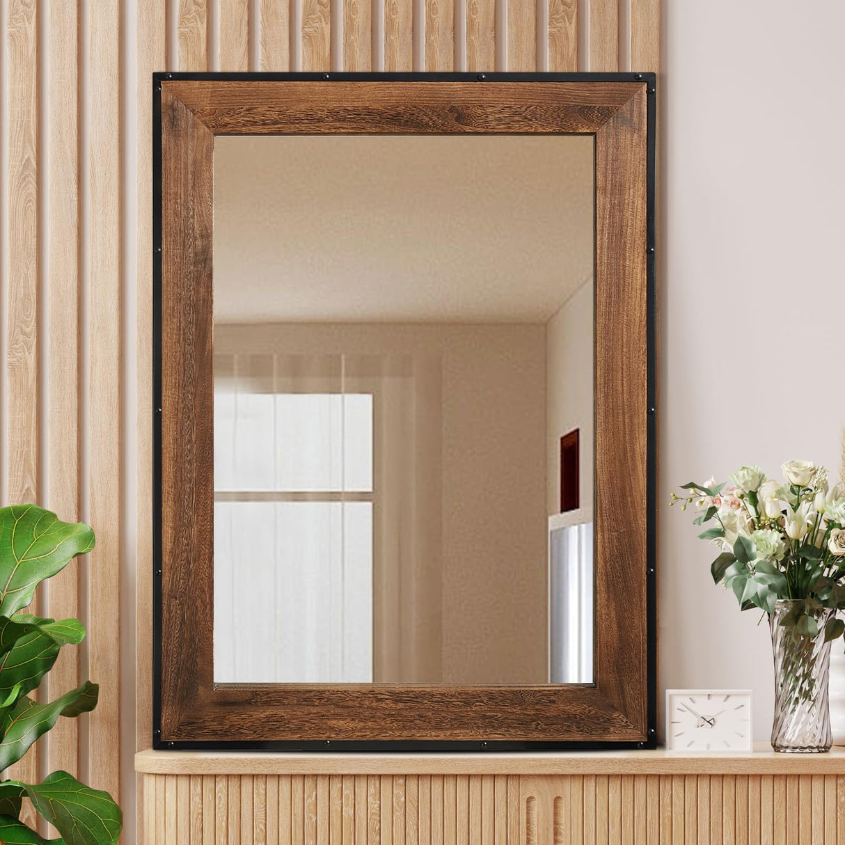 YOSHOOT Farmhouse Wooden Frame Bathroom Mirror, 32"x24", Rustic Natural Wood and Iron Wall Vanity Mirror for Decor, Vertical or Horizontal Hanging, FSC Certified YOSHOOT