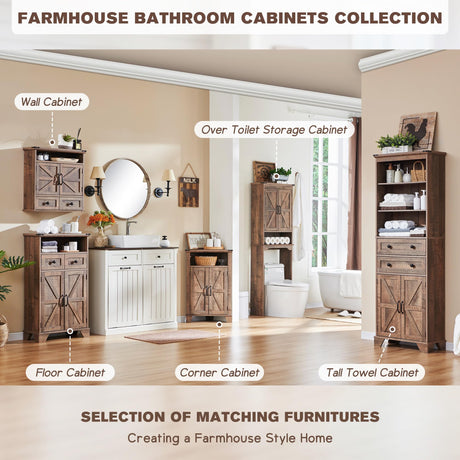 ACCOHOHO Bathroom Wall Cabinet, Farmhouse Medicine Cabinet, 24" Wide Bathroom Cabinet with Drawer, Adjustable Shelf, Double Barn Doors, Storage Cabinet for Bathroom, Kitchen, Living Room, Rustic Brown ACCOHOHO