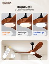 Ceversa 52 Inch Propeller Ceiling Fans with Lights and Remote,3 Blades Wood Rustic Ceiling Fans,Quiet Noiseless DC Motor,Outdoor Modern Ceiing Fans for Farmhouse,Living Room,Bedroom,Indoor,Walnut Ceversa