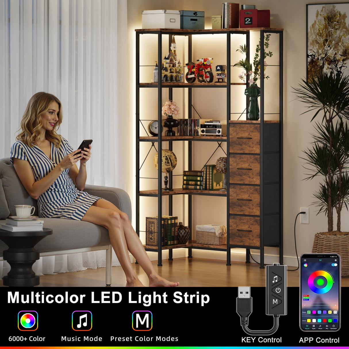 AFLUI Corner Bookshelf with LED Light Strips & 4 Fabric Drawers, 5-Tier Convertible Corner Shelf with Display Shelf, Large Wood Industrial Bookcase for Living Room, Bedroom, Home Office, Rustic Brown AFLUI