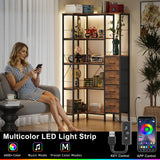 AFLUI Corner Bookshelf with LED Light Strips & 4 Fabric Drawers, 5-Tier Convertible Corner Shelf with Display Shelf, Large Wood Industrial Bookcase for Living Room, Bedroom, Home Office, Rustic Brown AFLUI