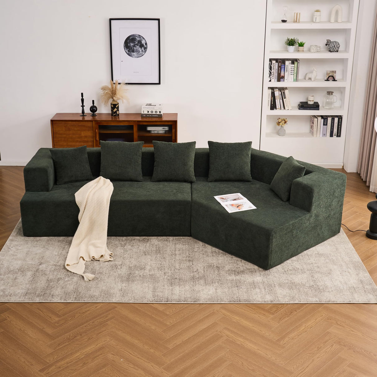 Aoowow 129.5" Modular Sectional Sofa, Modern Minimalist Sofa Comfy Deep Seat L Shaped with 5 Throw Pillows, Memory Foam Couch with Chenille Fabric, 3 Seater Cloud Couch for Living Room, Green Aoowow