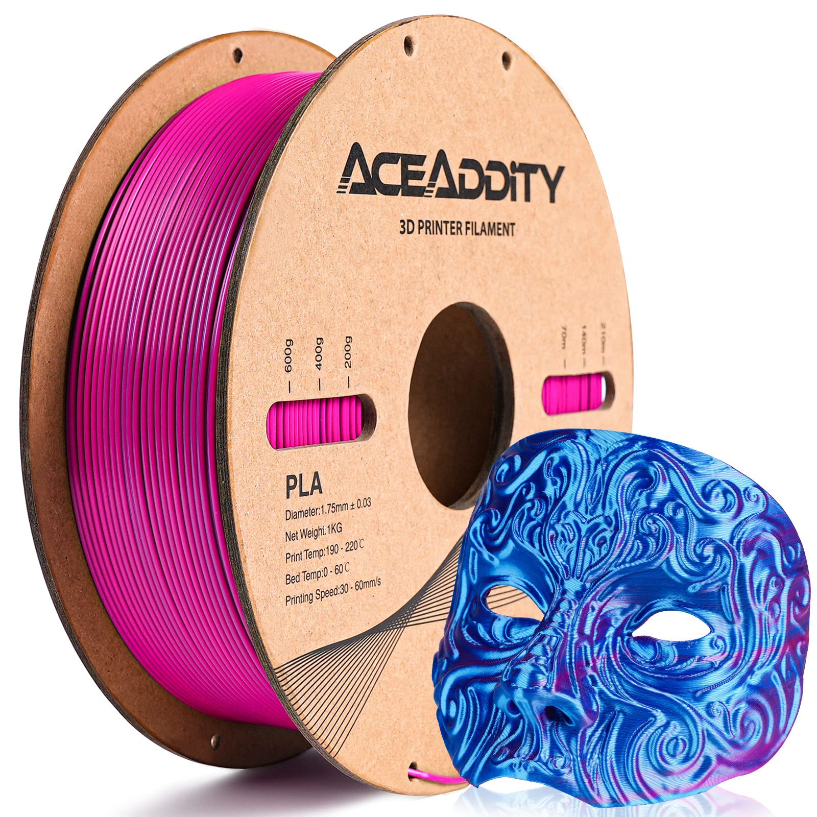 Aceaddity Silk Magic PLA 3D Printer Filament, Dual-Colour Co-Extrusion 1.75mm 3D Printing PLA Filament, Shiny Silk Coextruded PLA, Dimensional Accuracy +/- 0.02 mm, 1kg/2.2lbs (Blue-Rose Red) - WoodArtSupply