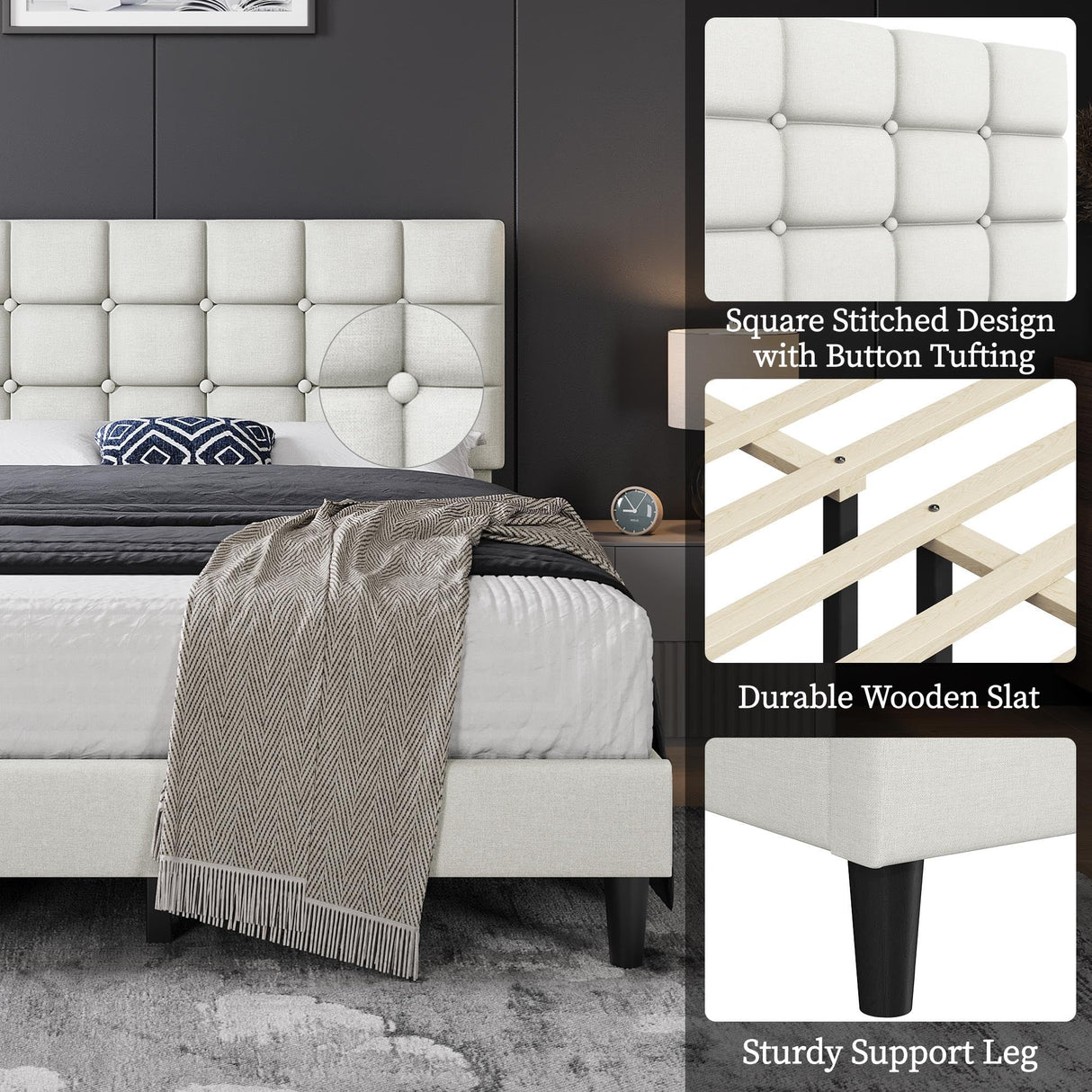 Yaheetech Upholstered Bed Frame, Modern Queen Bed Platform with Square Stitched&Button Tufting Headboard Height Adjustable, Wooden Slats Support, No Box Spring Needed, Queen Size, Beige Yaheetech