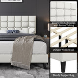 Yaheetech Upholstered Bed Frame, Modern Queen Bed Platform with Square Stitched&Button Tufting Headboard Height Adjustable, Wooden Slats Support, No Box Spring Needed, Queen Size, Beige Yaheetech