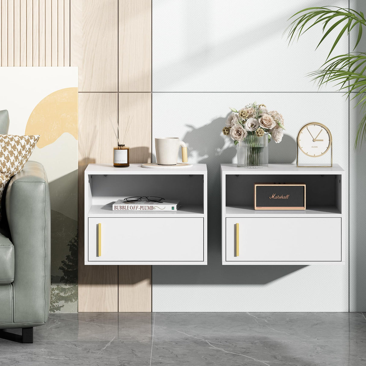 JAXPETY Wall Floating Nightstand Set of 2 Modern Side Table Wall Mounted Shelf with Cabinet Storage for Living Room, Bedroom, Dorm, White JAXPETY