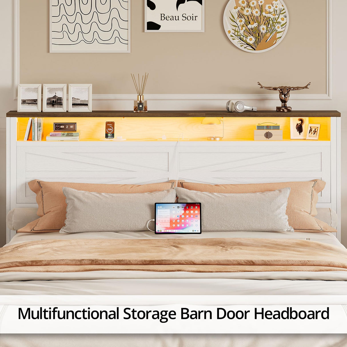 IRONCK Farmhouse Queen Size Bed Frame with LED Light and Charging Station, Wood Bed Frame with Storage Headboard and 2 Drawers， Barn Door Design, Sturdy and Noiseless, White IRONCK