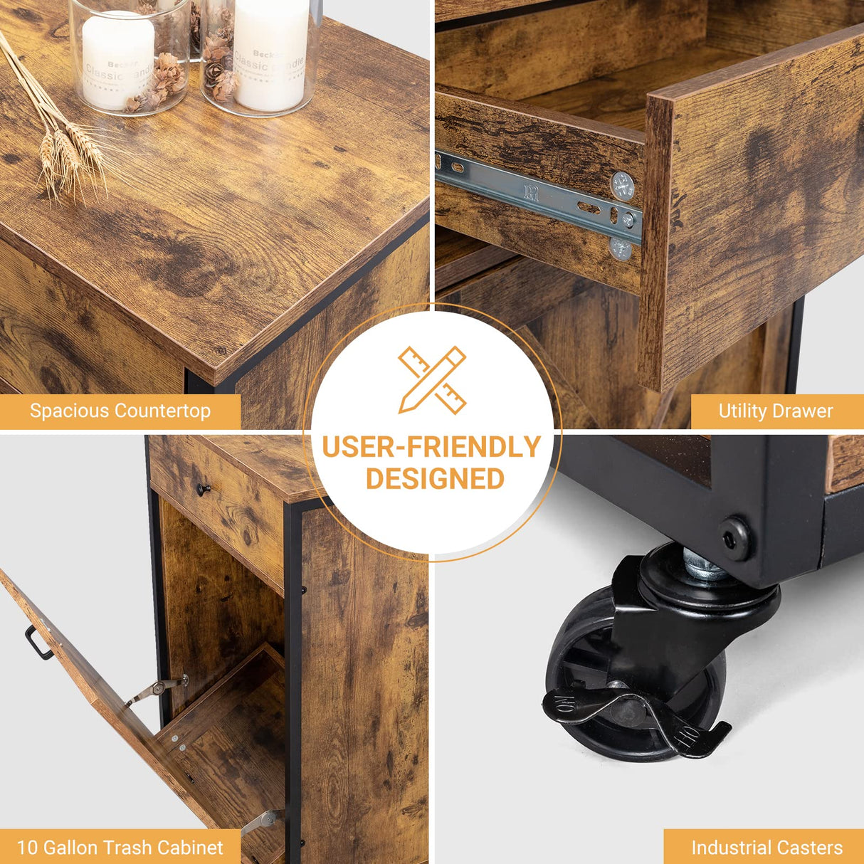 VINGLI Wood Tilt Out Trash Cabinet with Drawer, 10 Gallon Rustic Brown Trash Can Cabinet Tilt Out Barn Door Hidden Trash Can Kitchen Cabinet for Dinning Room, Living Room, Freestanding or Rolling VINGLI