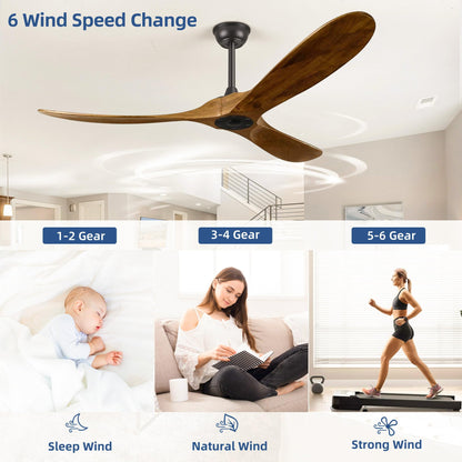 60" Ceiling Fans Without Lights, 60 Inch Indoor/Outdoor Ceiling Fans no Light, 3 Blade Solid Wood Ceiling Fan with Remote Control for Farmhouse Patios Living Room Bedroom, Quiet DC Motor, Dark Walnut