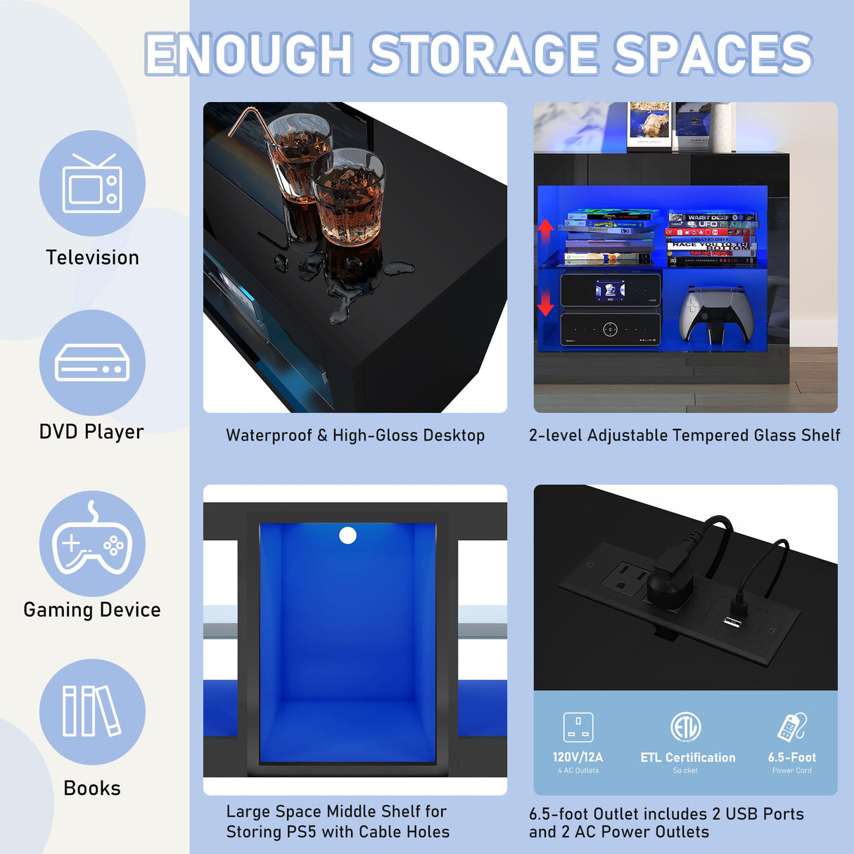 Vinctik 6&Fox LED TV Stands for Living Room w/60,000-Colors Lights&6.5ft Power Outlet for 55 60 65 70inch TV,Modern High Gloss LED Black Entertainment Center w/Adjustable Shelves for Gameroom/Bedroom Vinctik 6&Fox