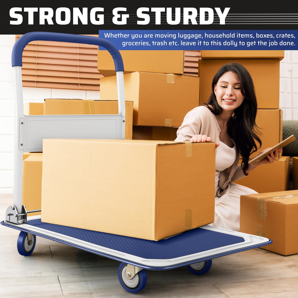 Upgraded Foldable Push Cart Dolly | 660 lbs. Capacity Moving Platform Hand Truck | Heavy Duty Space Saving Collapsible | Swivel Push Handle Flat Bed Wagon - Blue Lifetime Appliance Parts