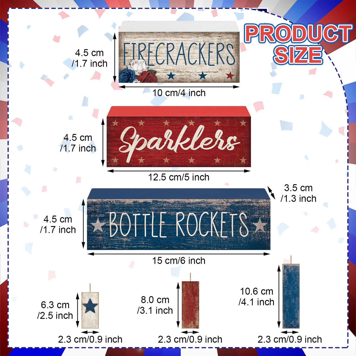CroBlissful 4 Pcs Memorial Day Decorations Patriotic Tiered Tray Decorations 4th of July Table Sign Farmhouse Red White Blue Rustic Wood Block Stack Sign for Home Shelf Mantel(Firecrackers) CroBlissful