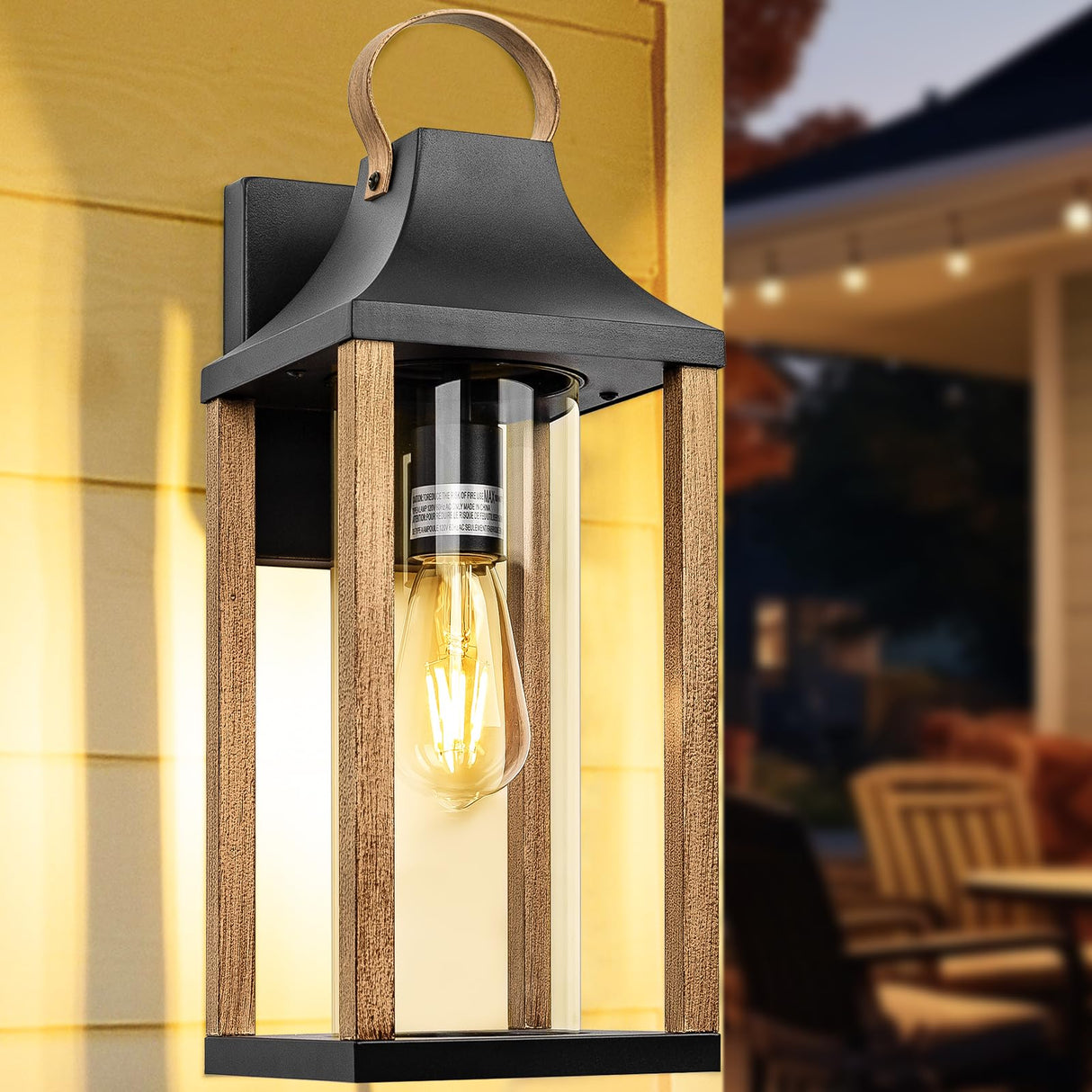 Roravilila Large Outdoor Wall Light 17" H Light Fixture with Cylindrical Clear Glass Modern Wall Sconce for Patio Porch Courtyard, E26 Base IP65 Waterproof, Rustic Wood Roravilila