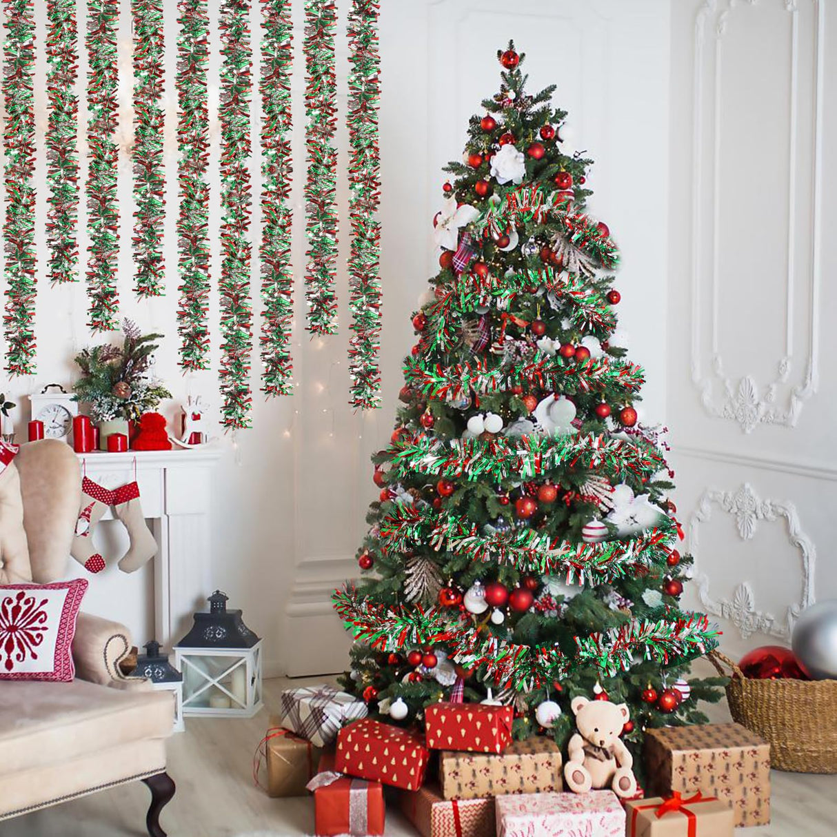 CCINEE 32.8 Feet Christmas Tinsel Garland,Metallic Tinsel Twist Garland Shiny Hanging Decoration for Party Supplies Xmas Tree Home Stairs Indoor Outdoor Decor(Red Green Sliver) CCINEE