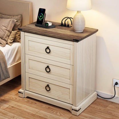 YITAHOME Farmhouse Nightstand with 3 Drawers and Charging Station, Wood Night Stand Organizer for Bedroom, Off White+Walnut Grain