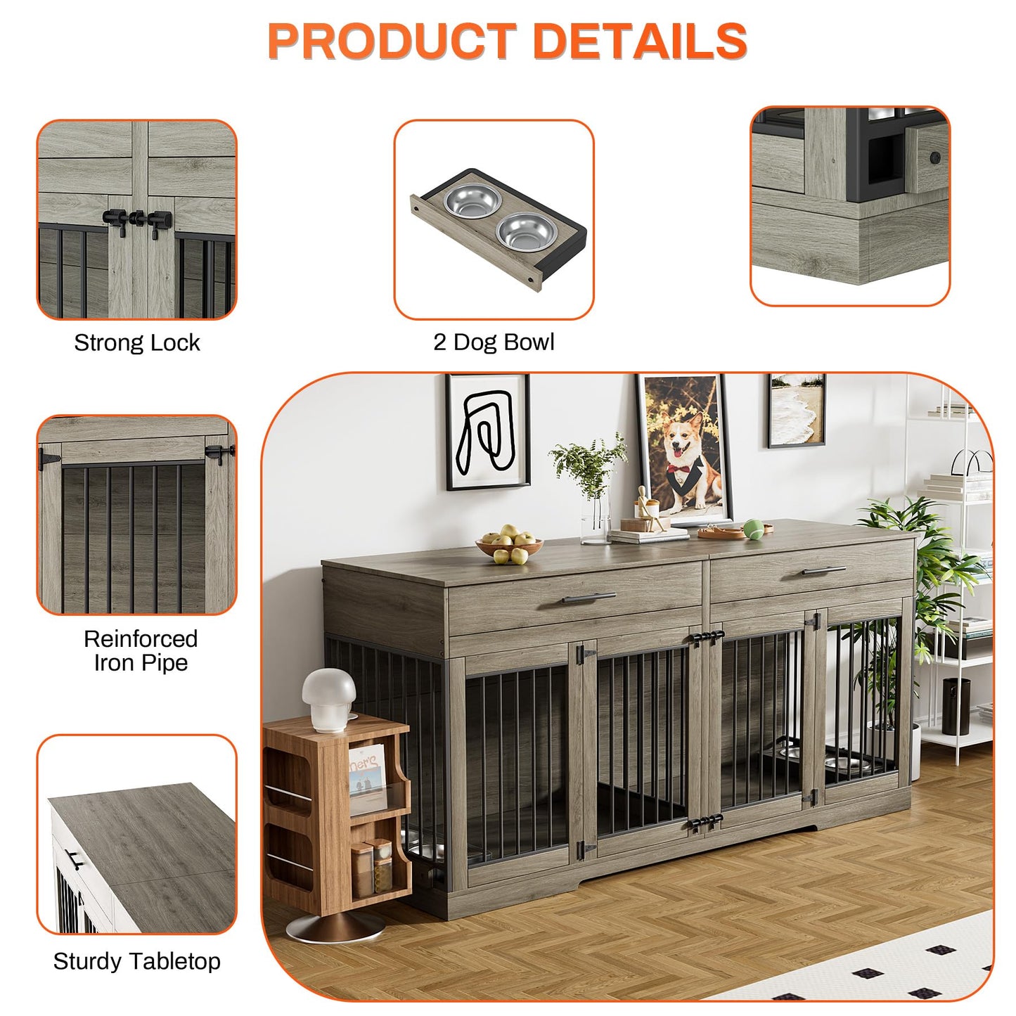 Rophefx Large Dog Crate Furniture for 2 Dogs, 72" Double Dog Kennel Indoor Furniture with 2 Storage Drawers and Removable Divider, Wooden Dog Cage with 4 Bowls, Dog House TV Stand, Rustic Grey