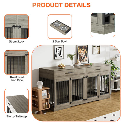 Rophefx Large Dog Crate Furniture for 2 Dogs, 72" Double Dog Kennel Indoor Furniture with 2 Storage Drawers and Removable Divider, Wooden Dog Cage with 4 Bowls, Dog House TV Stand, Rustic Grey