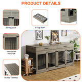Rophefx 72" Dog Crate Furniture for 2 Dogs, Large Dog Kennel Furniture with 2 Storage Drawer and Removable Divider, Wooden Dog Cage with 4 Bowls, Indoor Dog House TV Stand for Large Medium Dog, Grey Rophefx