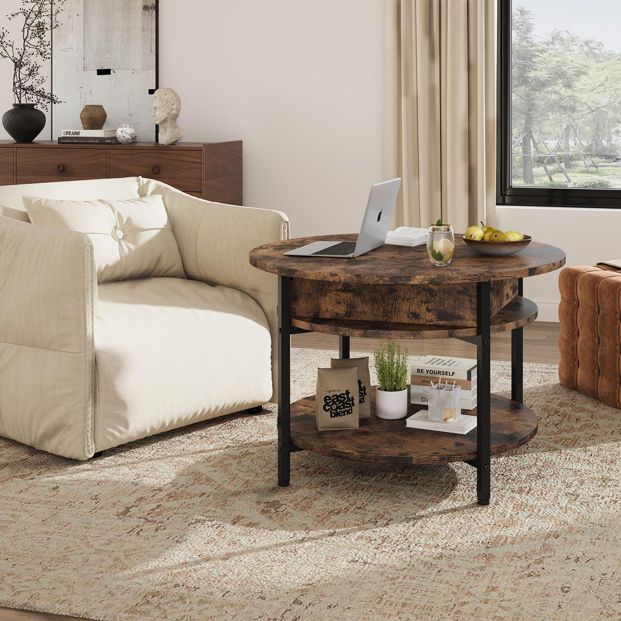 Ablefurn 26.77” Round Lift Top Coffee Table with Hidden Compartment and Adjustable Foot Pad,Rustic Central Table Dining Table with Lift Tabletop and Open Shelf for Home Living Room, Office, Brown Ablefurn