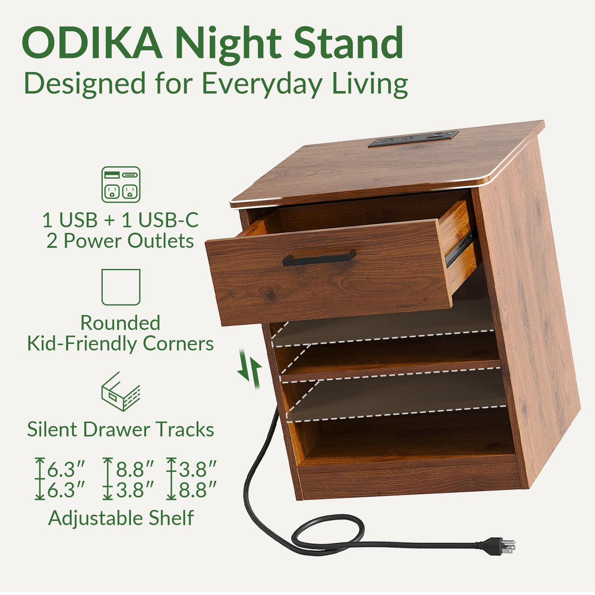 ODIKA Everyday Side Table with Fast Charging Station - USB C Cable Fast Charging, Wooden Brown Nightstand Bedside Table with Drawer, End Table with Optional Adjustable Shelf for Bedroom, Set of 1 ODIKA