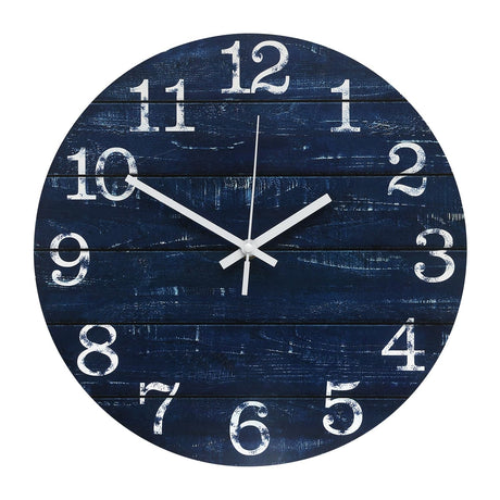 bakbrand Wall Clock 12 Inch Imitation Wood Silent Non-Ticking Indoor Clock Round Blue Decor Clock Rustic Minimalist Battery Operated Wall Clocks for Farmhouse, Hotel, Bedroom, Living Room, Kitchen bakbrand
