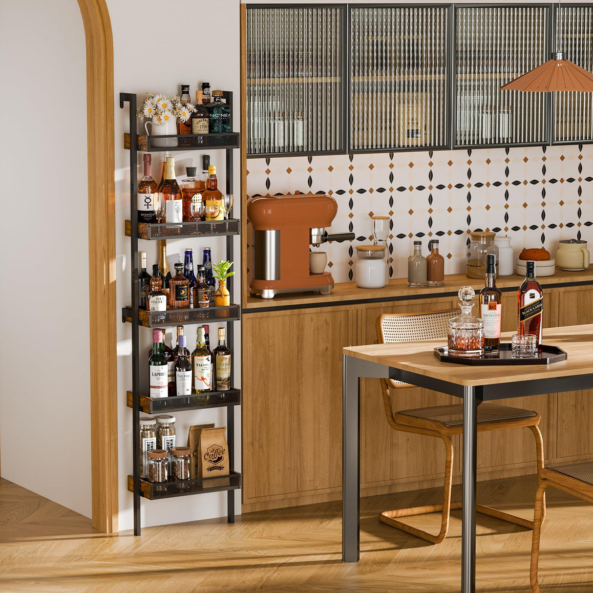 5-Tier Freestanding Wine Racks: 50 Bottles Wine Rack Shelf Wall Mounted with Fences, Wines Bottle Holder Display Shelf, Liquor Storage for Kitchen, Dining Room, Bar, Wood, 17.28''L x 7.95''W x 68.5''H Hencawima