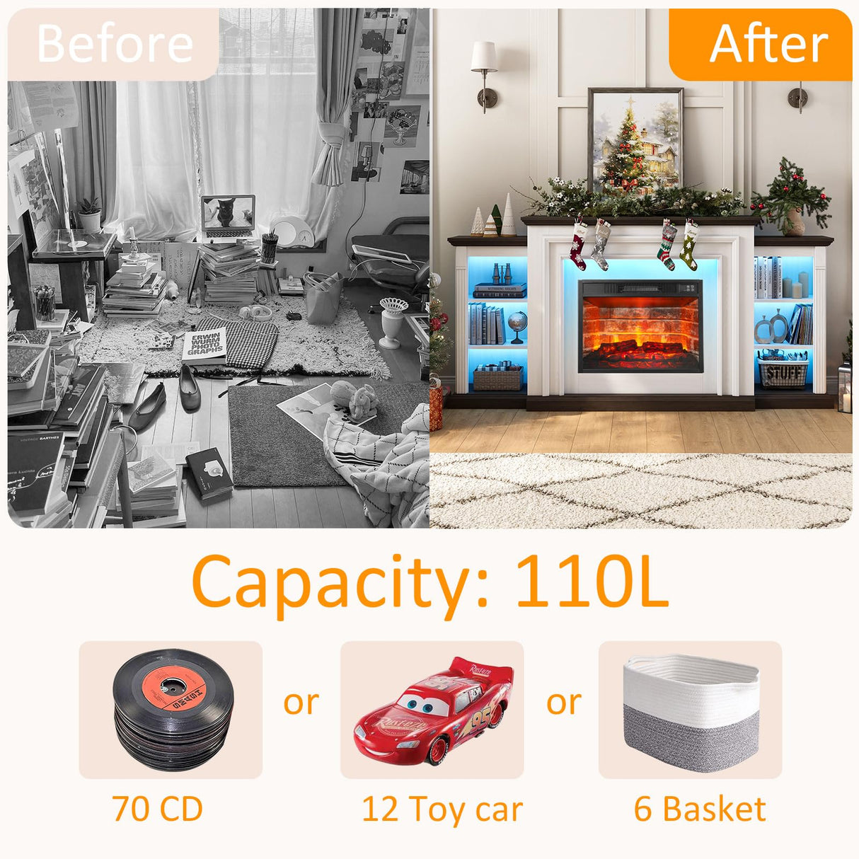 72" LED Electric Fireplace with Mantel, Fireplace TV Stand for 80 Inch TV, Entertainment Center with 23'' Red Brick Fireplace, Delicate Three-Dimensional Molding with Remote Control for Living Room BOSHIRO