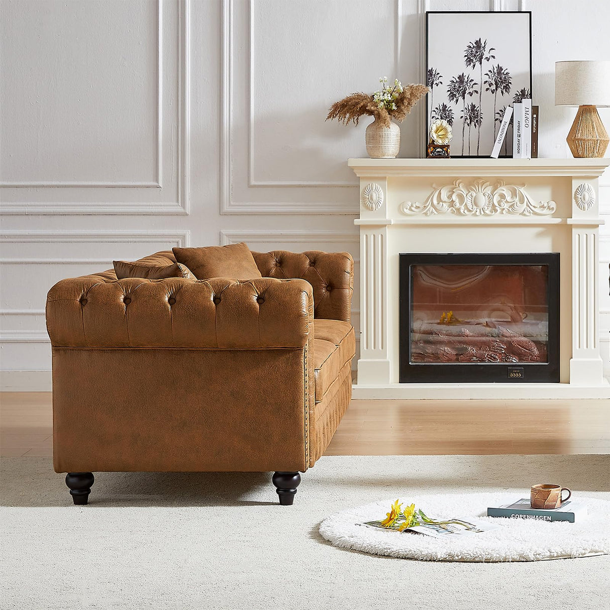 Modern Chesterfield Sofa Couch, 63.5-inch Tech Fabric Loveseat Sofa with Rolled Armrests and Tufted Button for Living Room, Office, Brown Antetek