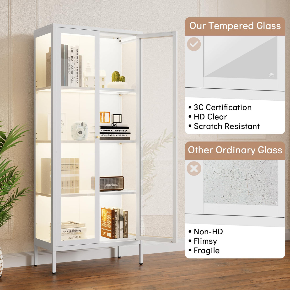 Polup Display Cabinet with 3 Color LED Lights and Tempered Glass, 66 Inch Tall Curio Cabinet with 3 Side Glass, White Display Case for Collectibles, Metal Cabinet for Living Room - Assemble Required Polup