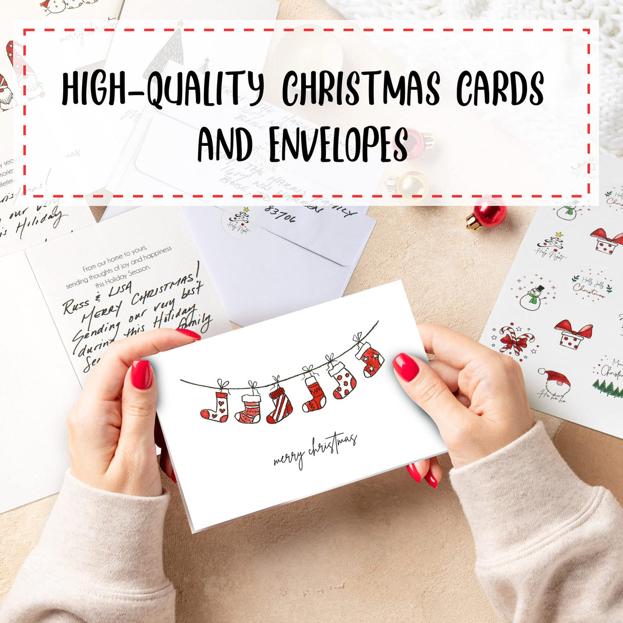 ZICOTO Beautiful Modern Christmas Cards Set of 20 - Incl. Bulk Envelopes, Matching Stickers And Storage Box - Perfect to Send Warm Holiday Wishes to Friends and Family ZICOTO