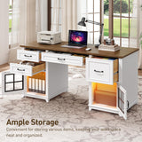 RALGEND 58" Farmhouse Executive Desk with Drawers, Wooden Home Office Desk with Power Outlet & LED Light, Computer Desk with File Drawer and Cabinet, Workspace for Study, White and Walnut RALGEND