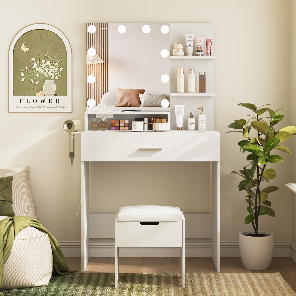 Vabches Makeup Vanity Table with Lighted Mirror & Power Strip, White Vanity Set, Lots Storage, 3 Lighting Modes, Brightness Adjustable, 31.5 * 15.75 * 57.7in, White Vabches