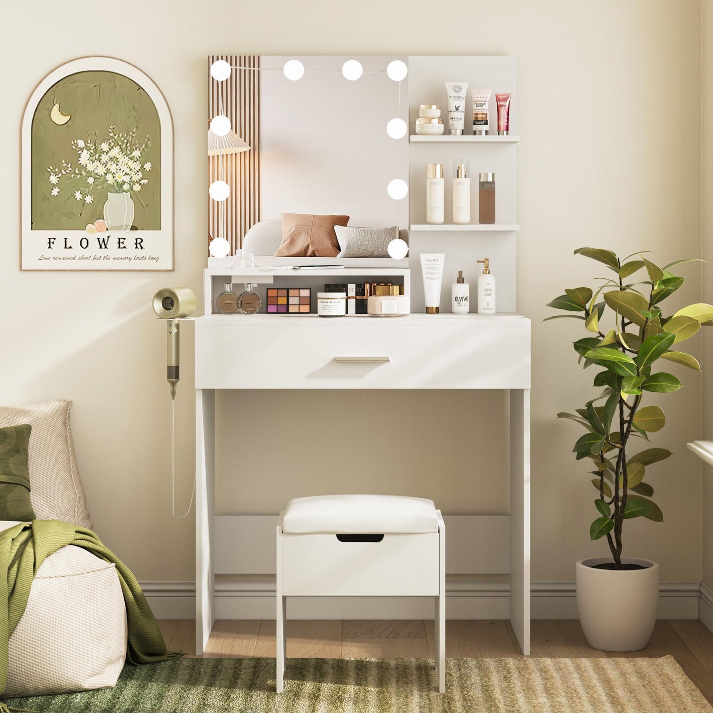 Vabches Makeup Vanity Table with Lighted Mirror & Power Strip, White Vanity Set, Lots Storage, 3 Lighting Modes, Brightness Adjustable, 31.5 * 15.75 * 57.7in, White