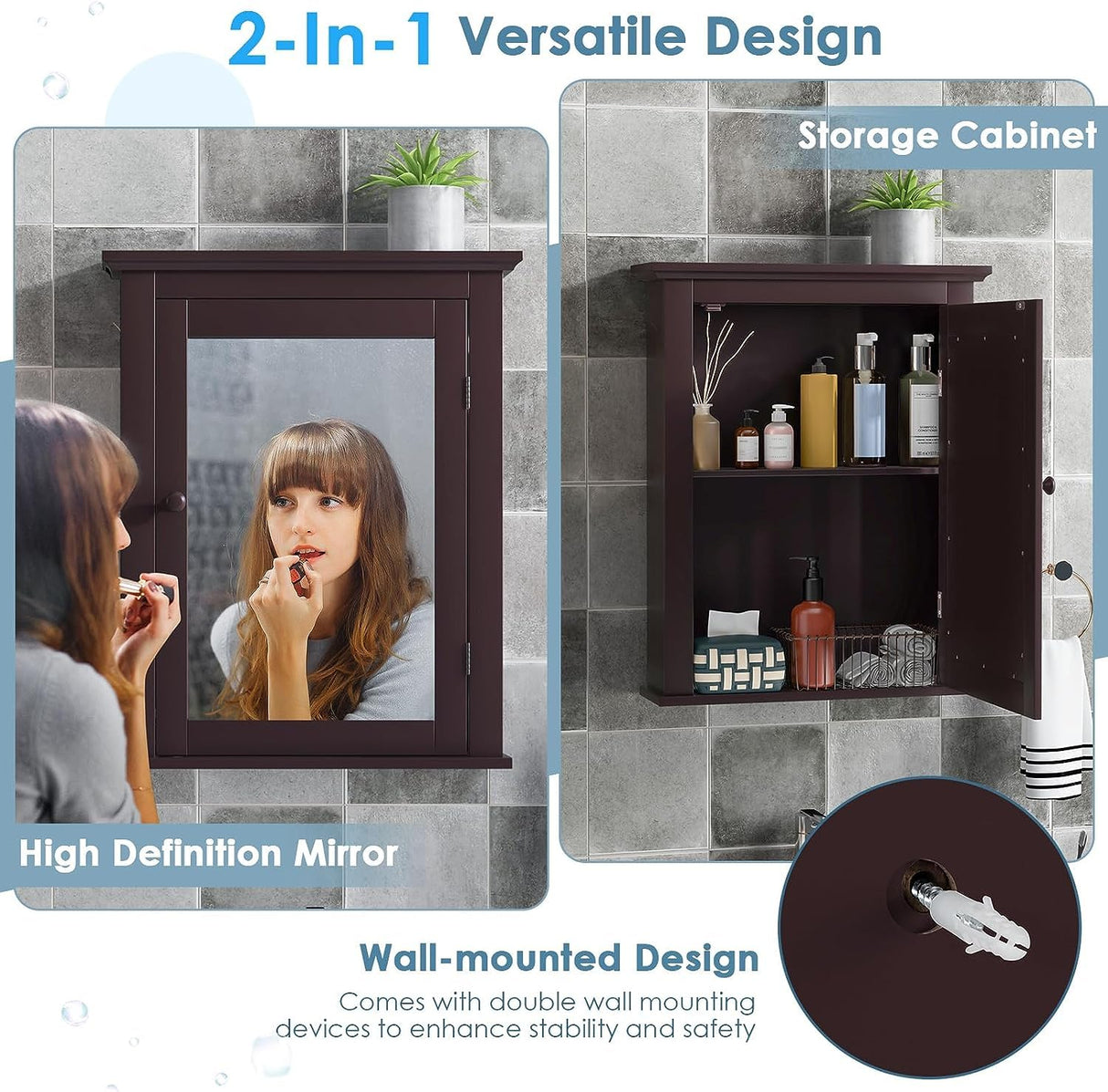 Safeplus Brown Medicine Cabinet with Mirror, Wall Mounted Adjustable Storage for Bathroom, Living Room, Bedroom, Entryway and Kitchen Safeplus