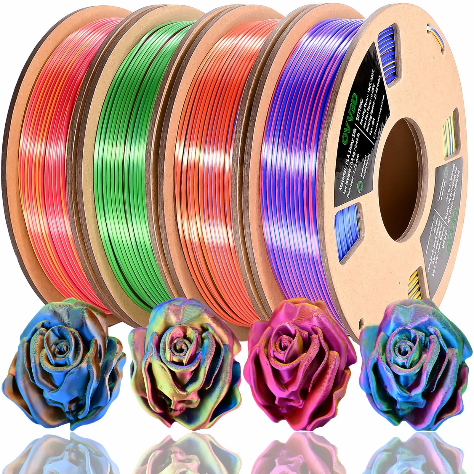 PLA Filament 1.75mm, Tri-Colors 3D Printer Filament, Rainbow PLA Filament Bundle, Coextrusion 3D Filament with Silk PLA Color Change, 3D Printing Filament +/-0.02mm, 200g X 4 Spool - WoodArtSupply