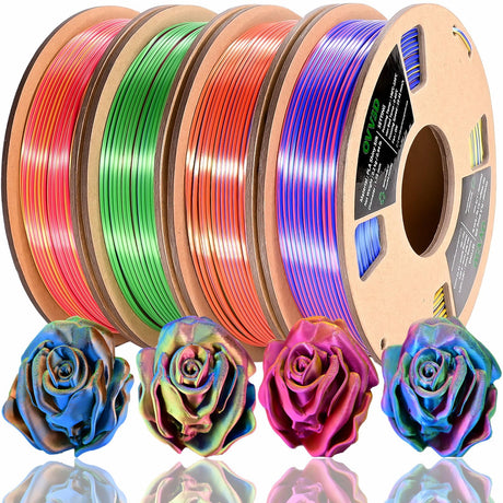 PLA Filament 1.75mm, Tri-Colors 3D Printer Filament, Rainbow PLA Filament Bundle, Coextrusion 3D Filament with Silk PLA Color Change, 3D Printing Filament +/-0.02mm, 200g X 4 Spool OVVNYXE