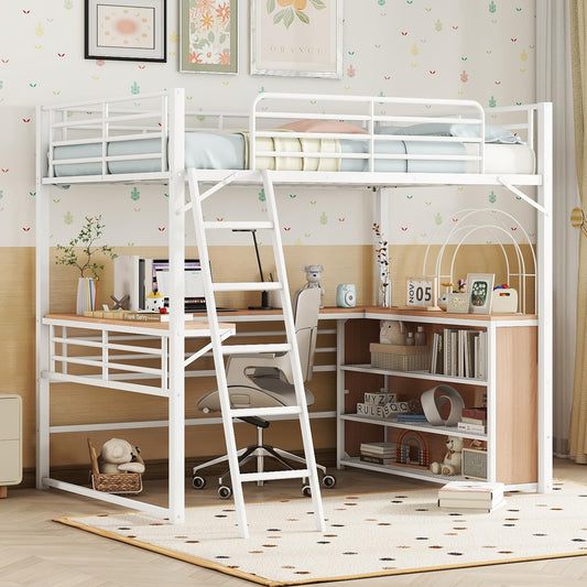 Metal Full Size Loft Bed with L-Shaped Desk,Heavy Duty Loft Bed with 3 Tier Shelves for Kids Teens Adults,Loft Bed Full Size with Storage, High Loft Bed Frame, Space Saving,White